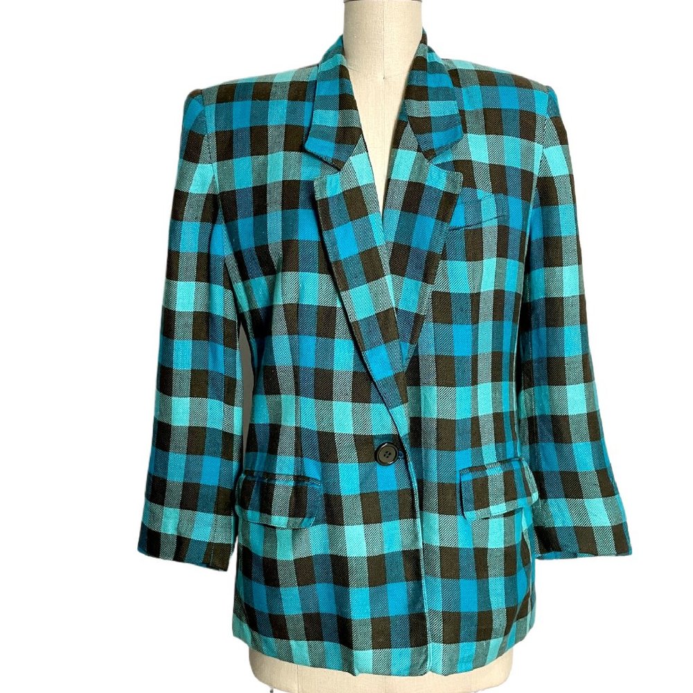 Anne Klein II Vintage 80s Teal Plaid Linen Blazer Size 10 12